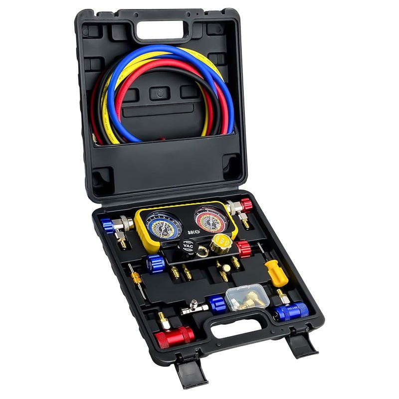 BACOENG AC R1234YF Gauge Set, Automotive 4 Way R1234yf Refrigerant Recharge Kit, R134A AC Manifold Gauge Set with 5FT Hoses for Car Charging and Evacuation - Image 2